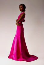 Load image into Gallery viewer, Maxi pink satin duchess evening dress.
Embellished pink dress.
Pink evening dress