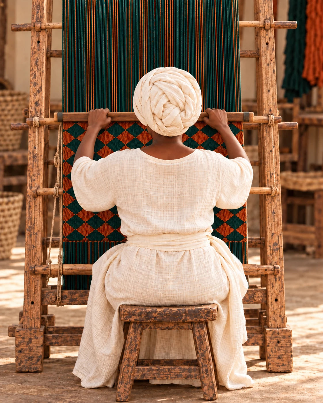 Illustrative rear view of an artisan gripping a wooden weaving tool at the working edge of dark green and copper-orange diamond-patterned Aso-Oke