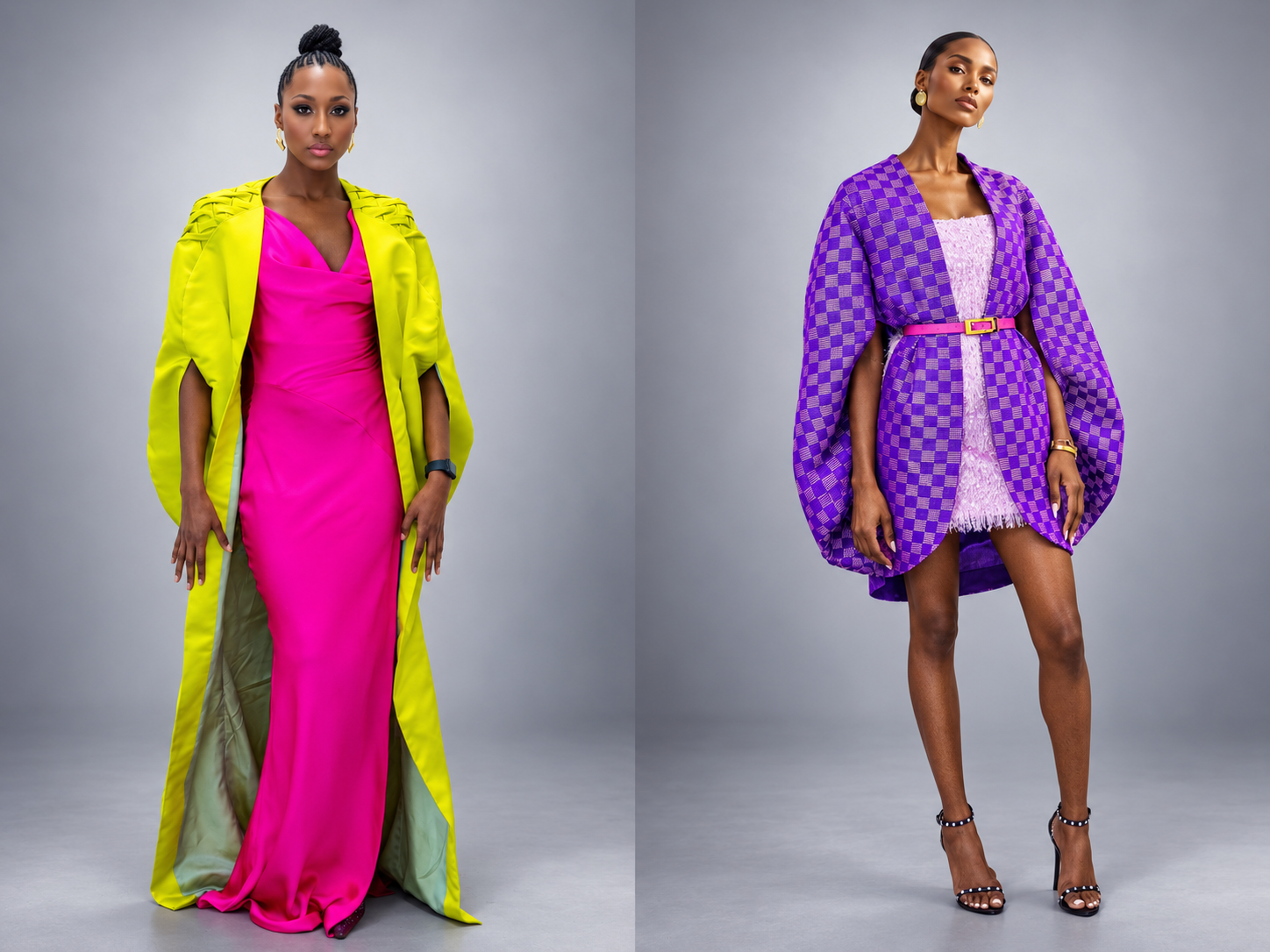 Two models showcasing a chartreuse hand-smocked cape over a fuchsia gown and a purple hand-woven Aso Oke cape against softly lit grey studio backgrounds