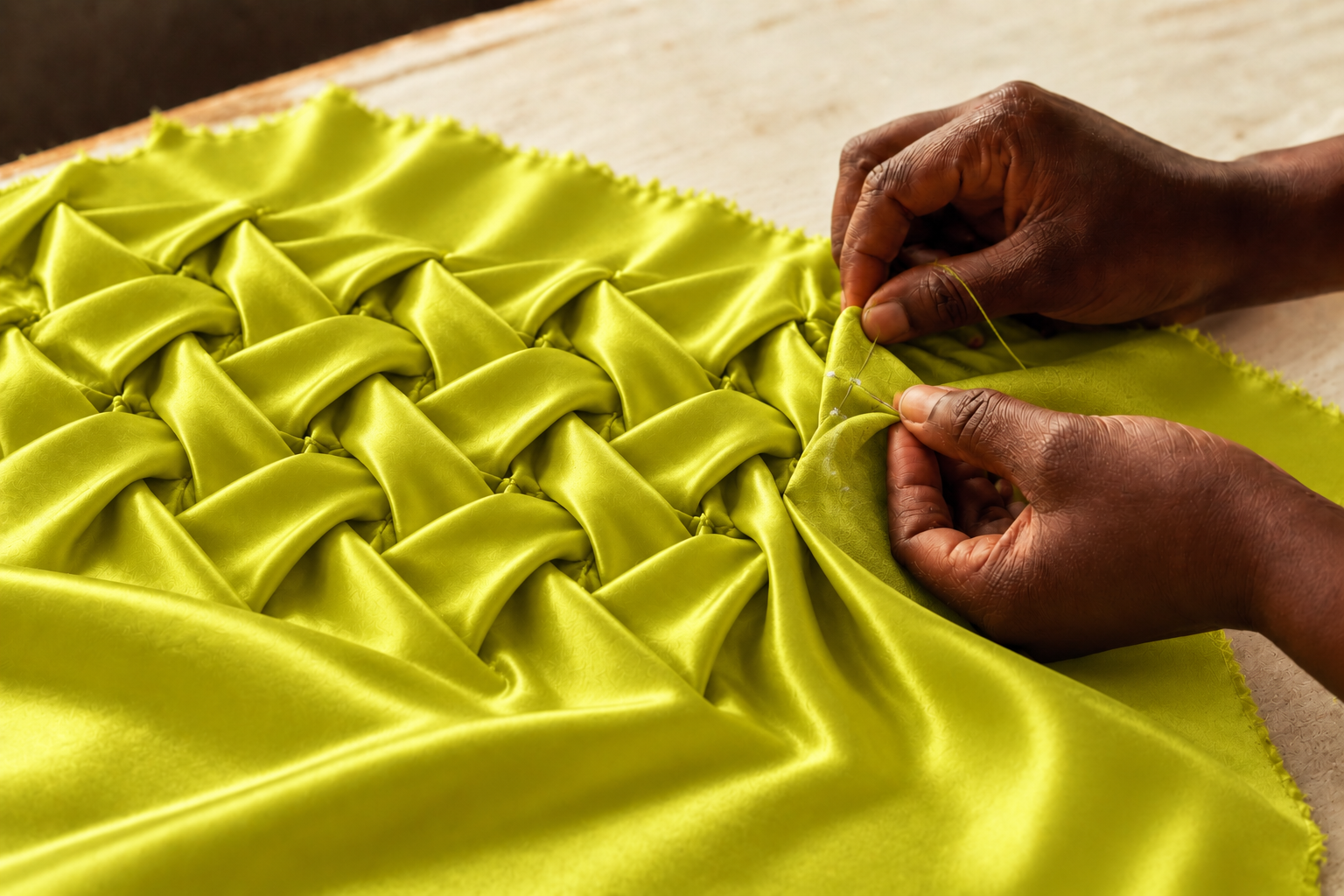 Illustrative close-up of artisan hands creating Canadian lattice smocking on a loose chartreuse satin panel before dress assembly